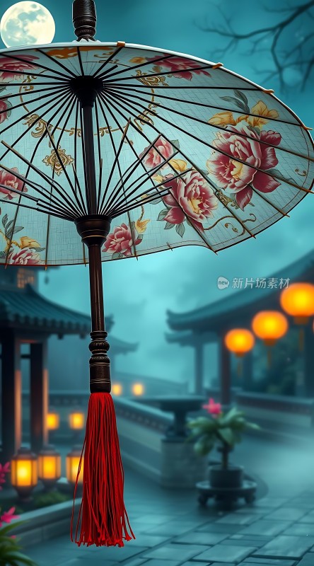 古风油纸伞下的静谧夜晚