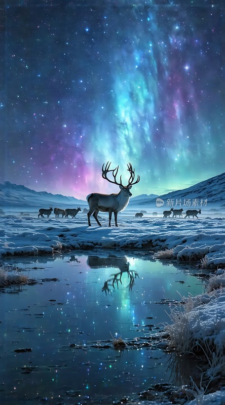 北极光下的麋鹿群