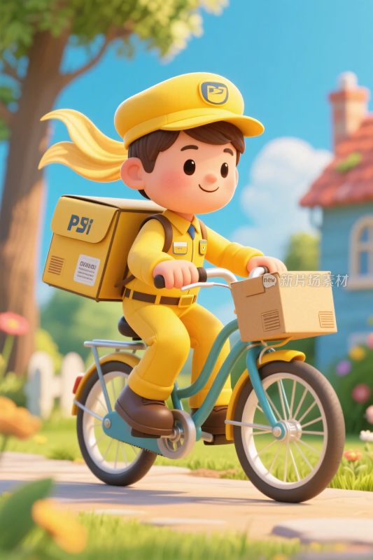 卡通快递员骑行送快递