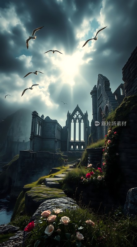 阳光下的废墟与飞翔的海鸥