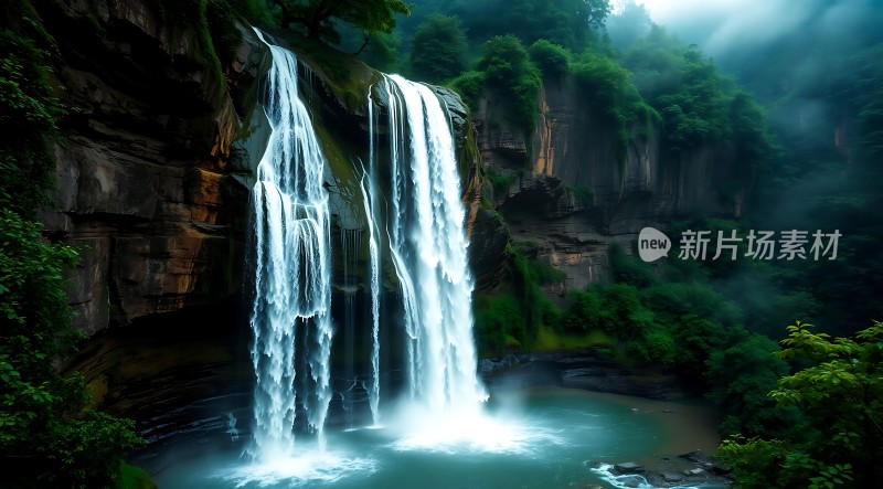 瀑布飞流直下绿意盎然