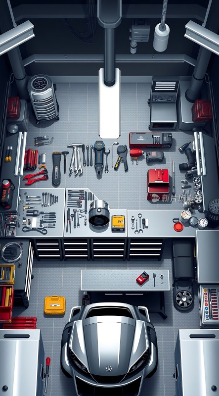 工具齐全的车间银色汽车静候维修