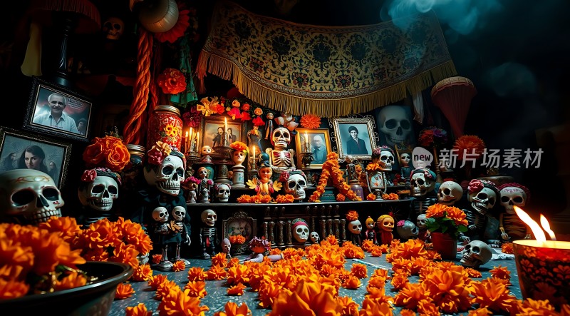 亡灵节祭坛骷髅与鲜花共舞