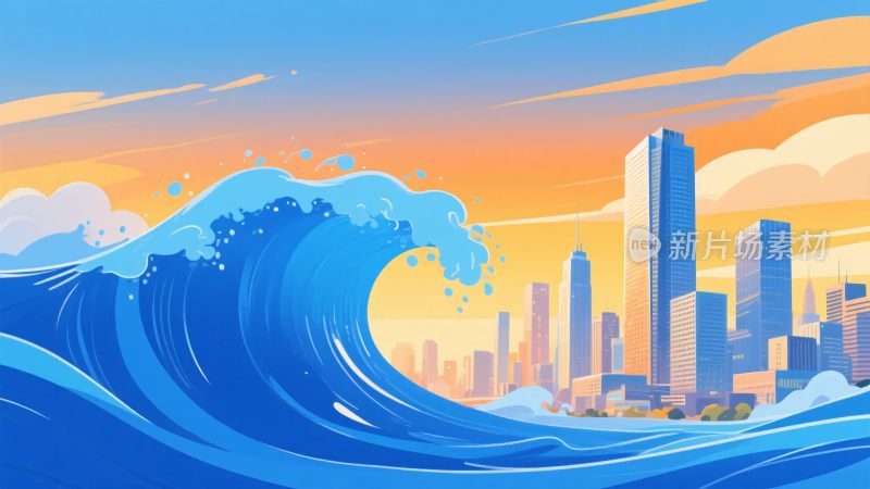 城市旁的汹涌海浪插画