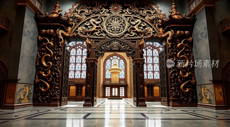 金色雕花大门华丽宫殿内部精美装饰细节宏伟建筑风格