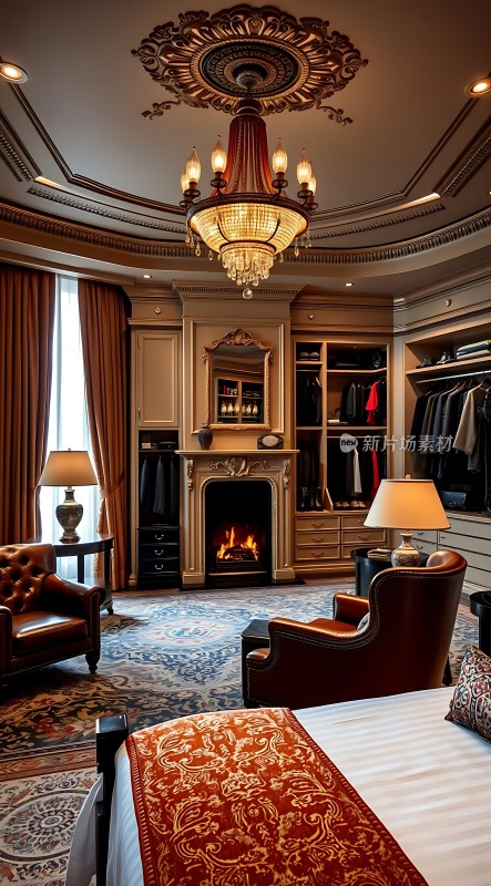 豪华卧室精美吊灯舒适座椅温暖壁炉华丽地毯