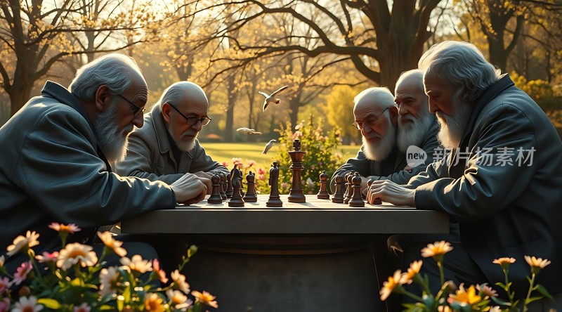 五位老人公园对弈