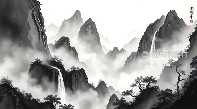 云雾缭绕的山川瀑布