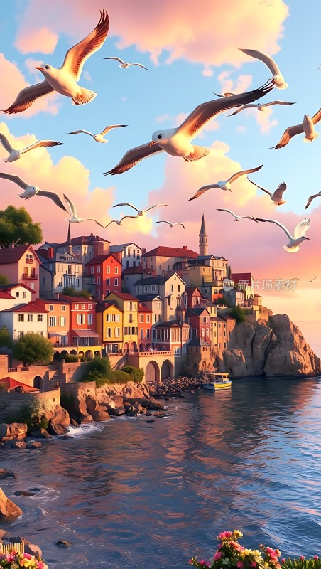 海鸥翱翔小镇日落