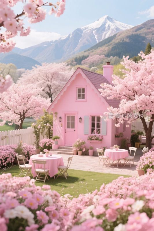粉色童话小屋春景插画