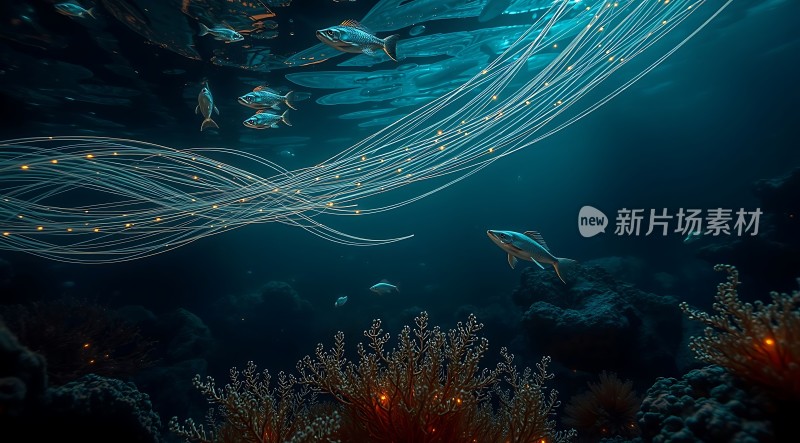 深海鱼群与光纤交织