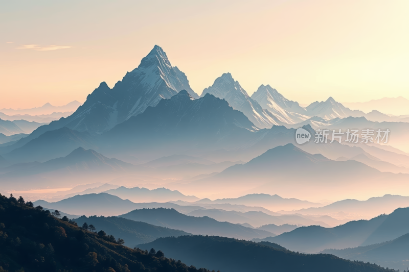 山上有朦胧的天空前景中有几棵树风景图片