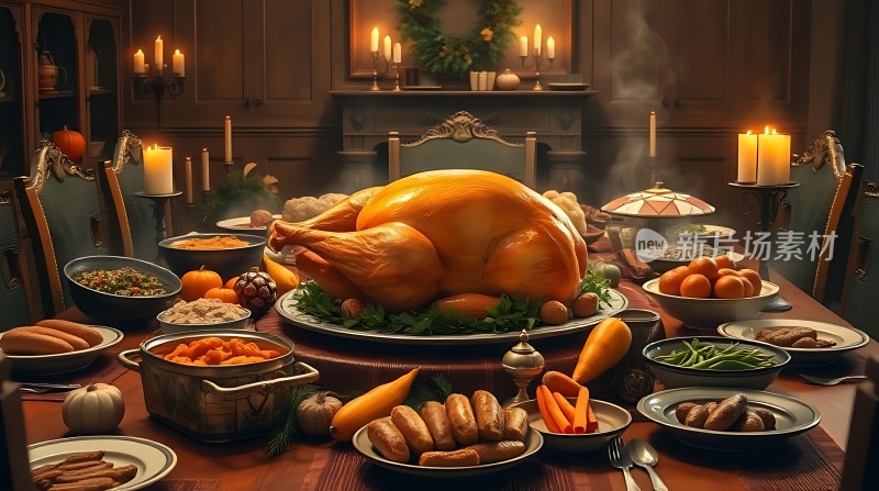 丰盛感恩节大餐火鸡美食盛宴