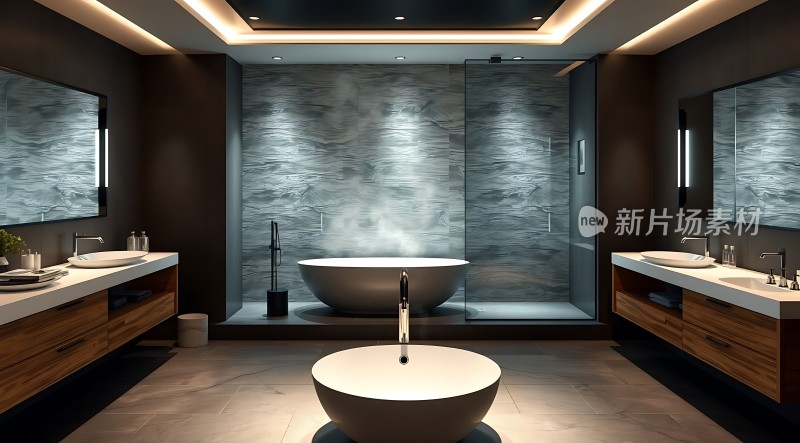 现代浴室设计双洗手台与独立浴缸