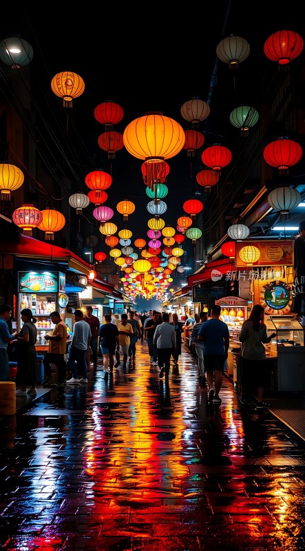 夜市灯笼映照街头美食