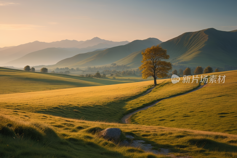 草地一侧一棵树纹理背景图片