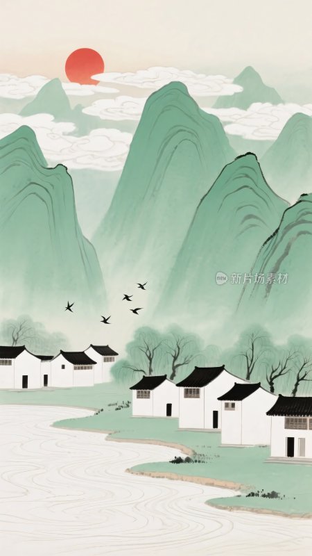 中式山水田园风景插画