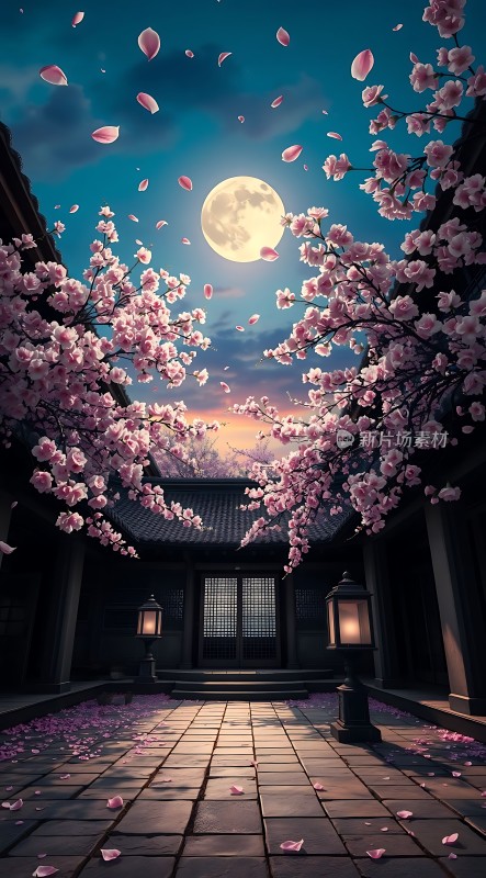 春夜月下樱花雨