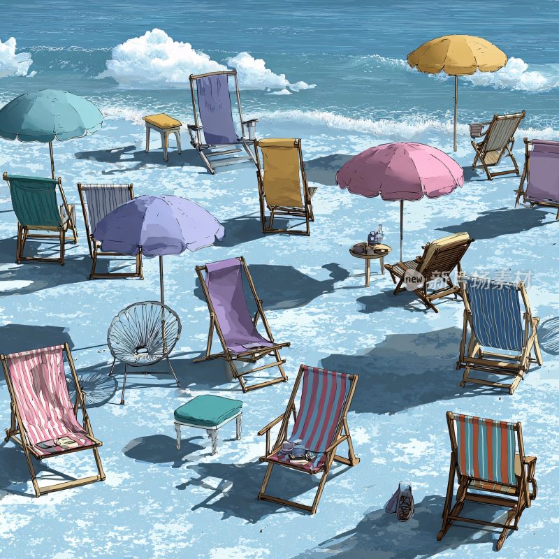 海边沙滩的多彩遮阳伞与躺椅