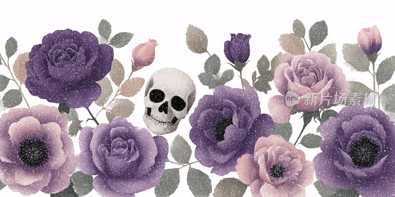 骷髅与紫色花卉装饰图案
