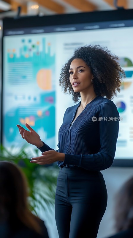 商务女性自信演讲背景屏幕展示数据图表