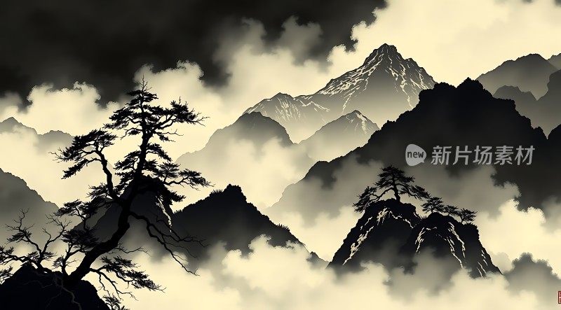 云雾缭绕的山峰与古松