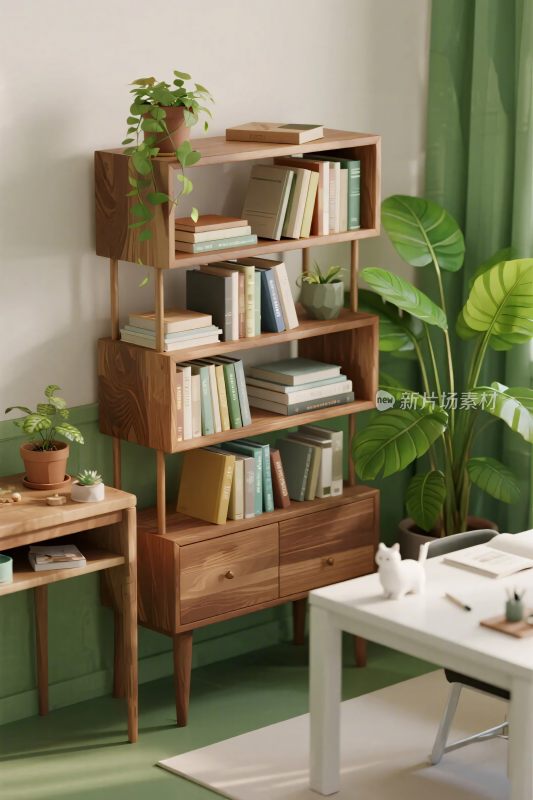室内绿植与书架布置