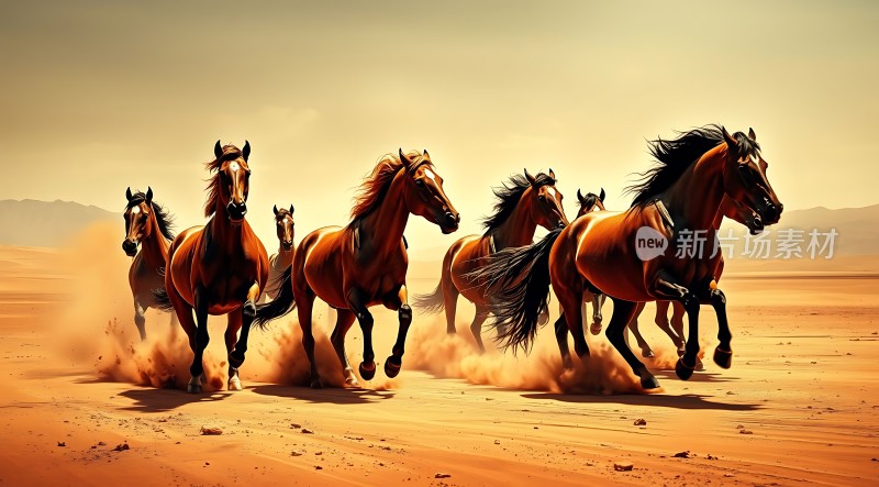 骏马奔腾沙漠中风驰电掣显雄姿