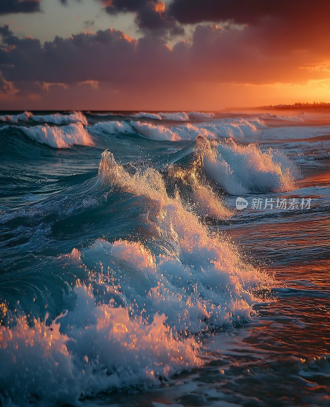 夕阳下翻涌的海浪美景