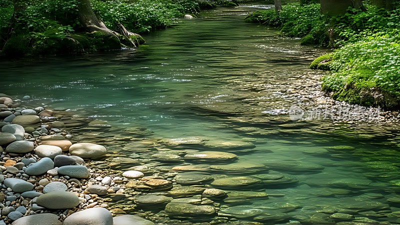 清澈溪流石滩绿意盎然