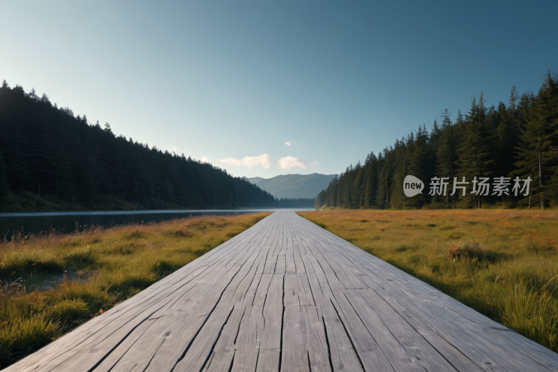 铺设通往田野湖泊的木制走道背景纹理图片