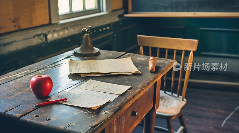 复古教室里的苹果与书本