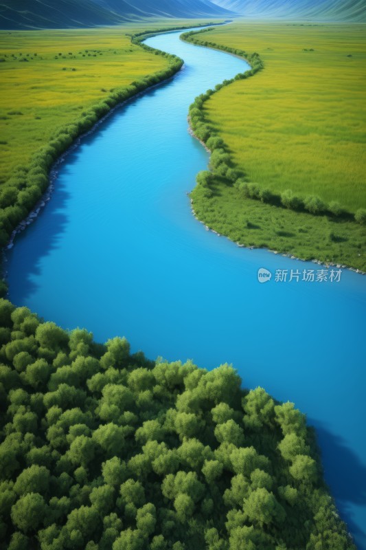 从一条河流穿过郁郁葱葱的绿色山谷风景图片