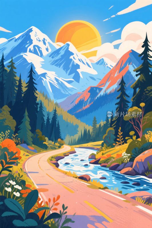 山间公路的美丽风景插画