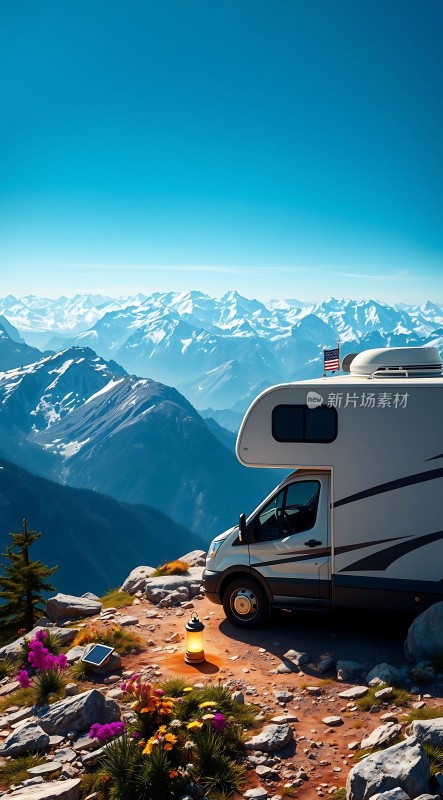 露营车与雪山美景