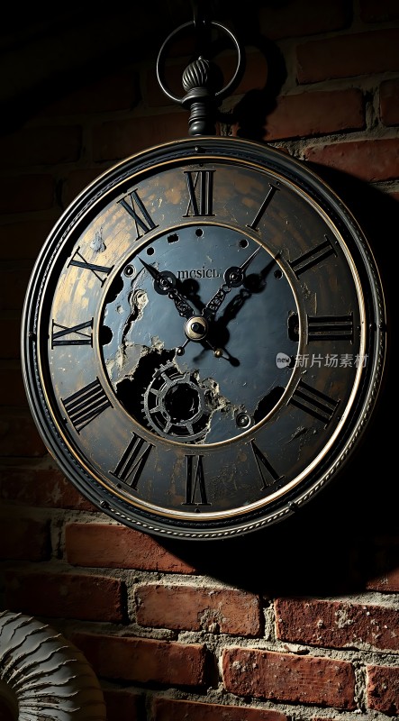 古铜色时钟映红砖墙