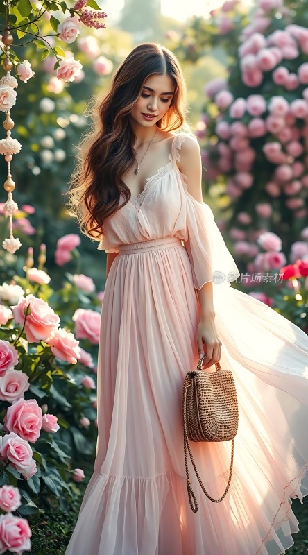 粉裙佳人玫瑰园中优雅漫步