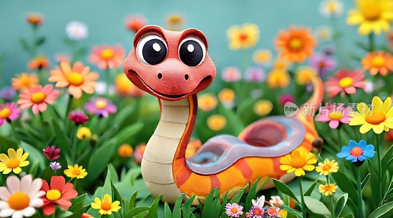 彩色小蛇在花丛中微笑