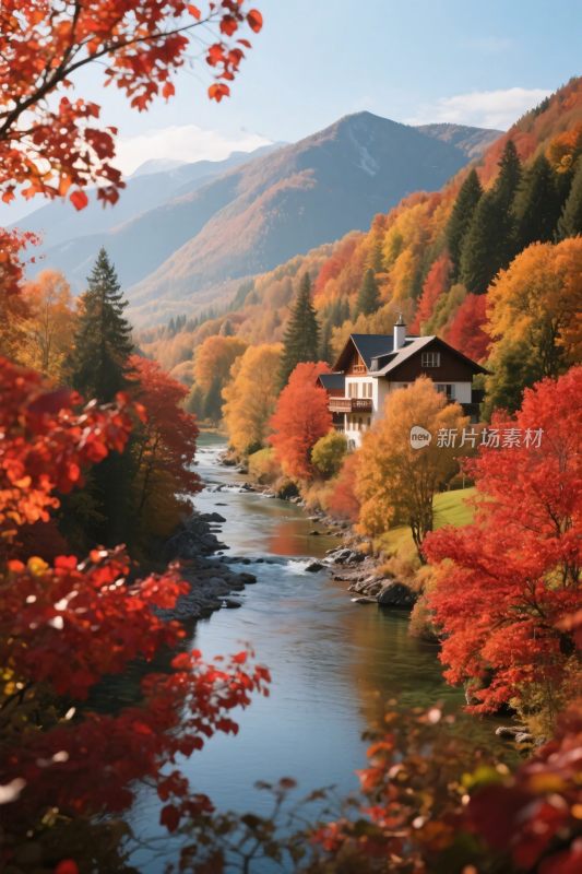 秋日山间溪流旁的小屋美景