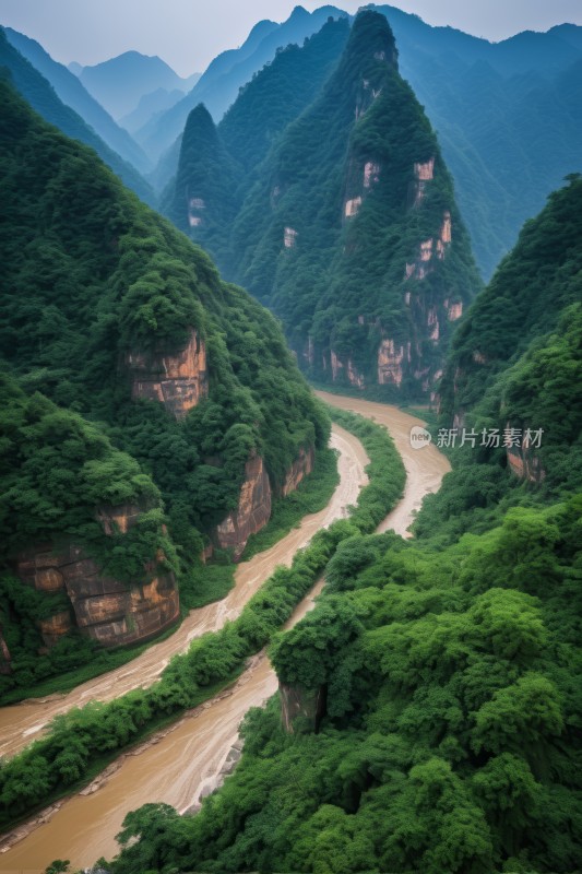 山脉一条河流穿过一座山高清风景图片