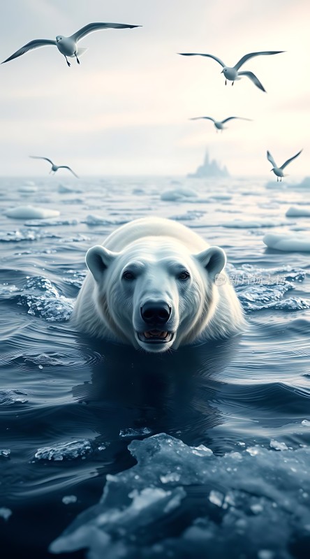 北极熊与海鸥共舞
