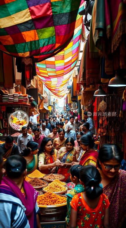 印度街头热闹集市色彩斑斓的商品和人群熙攘