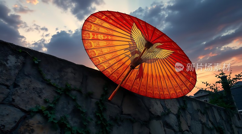 夕阳下的红色油纸伞