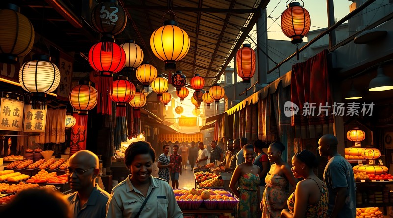 夜市灯笼下的繁华街景