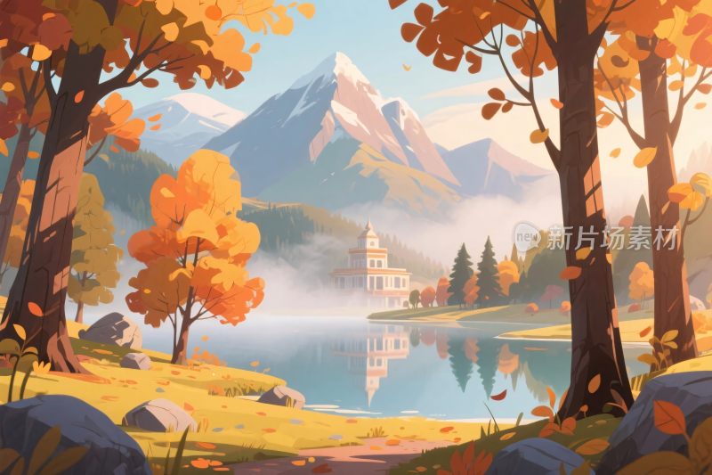 秋景山水风景插画