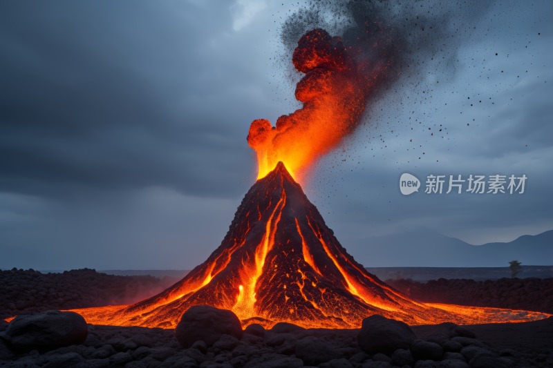 火山在多云的日子里喷出熔岩和熔岩风景图片