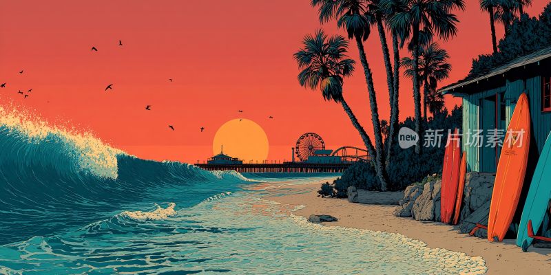 夕阳下的海边冲浪小屋风景