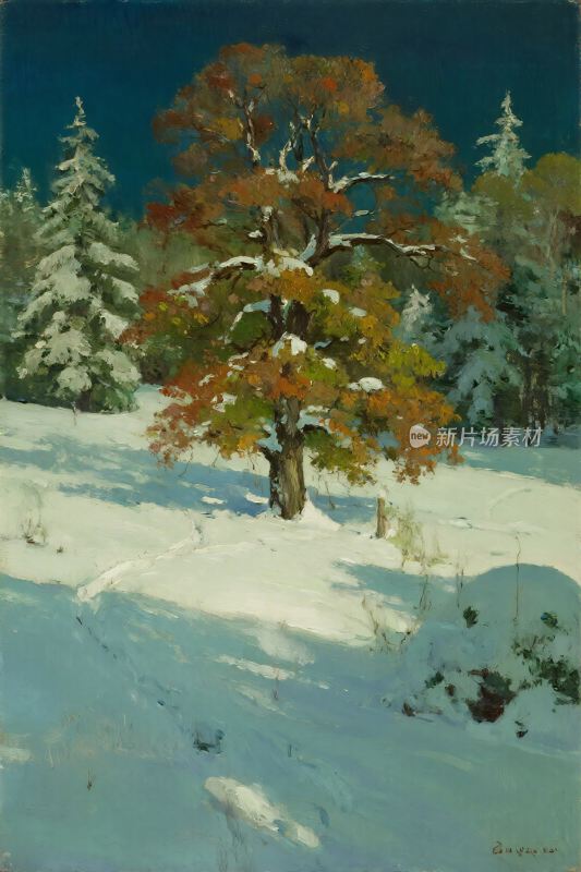 雪景秋树油画