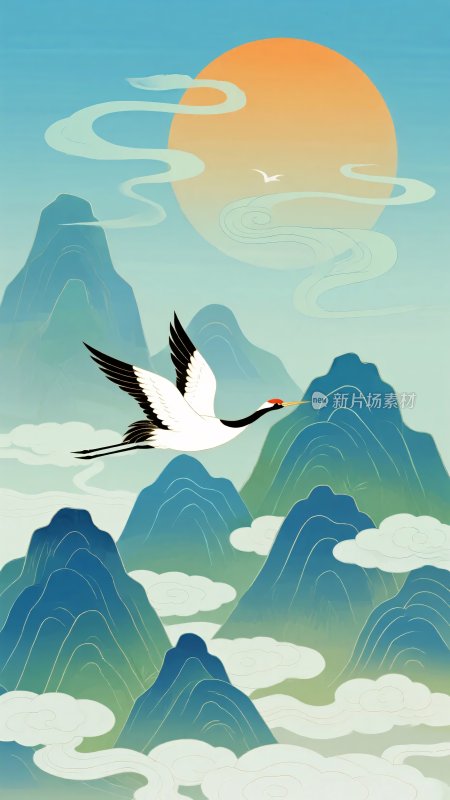 飞鹤伴山日插画图