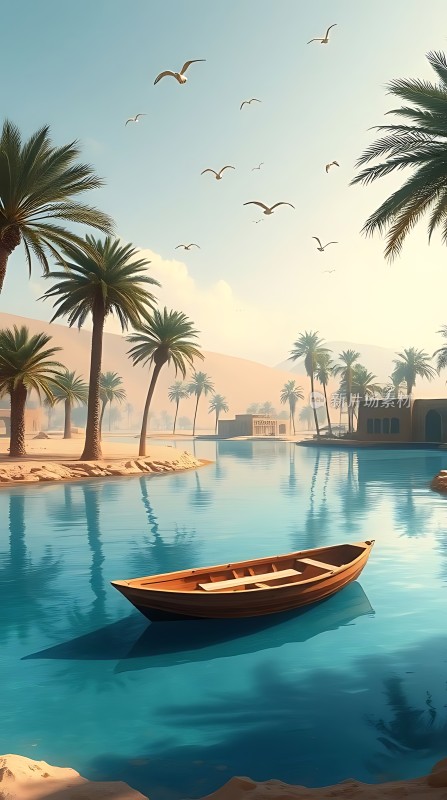 椰林小舟映碧波